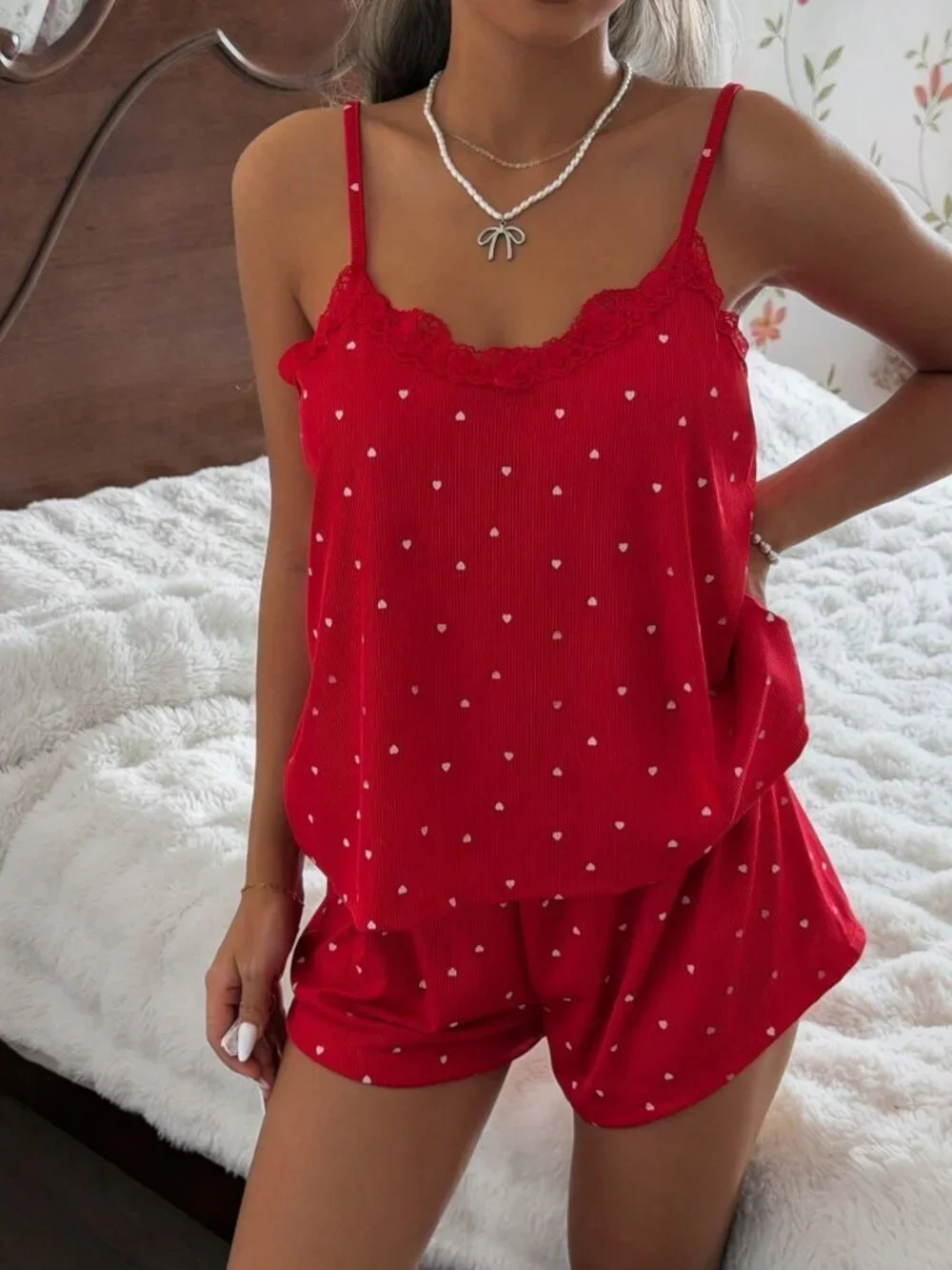 redRomantic Women's Rib Fabric cami top and shorts pajama set loungewear